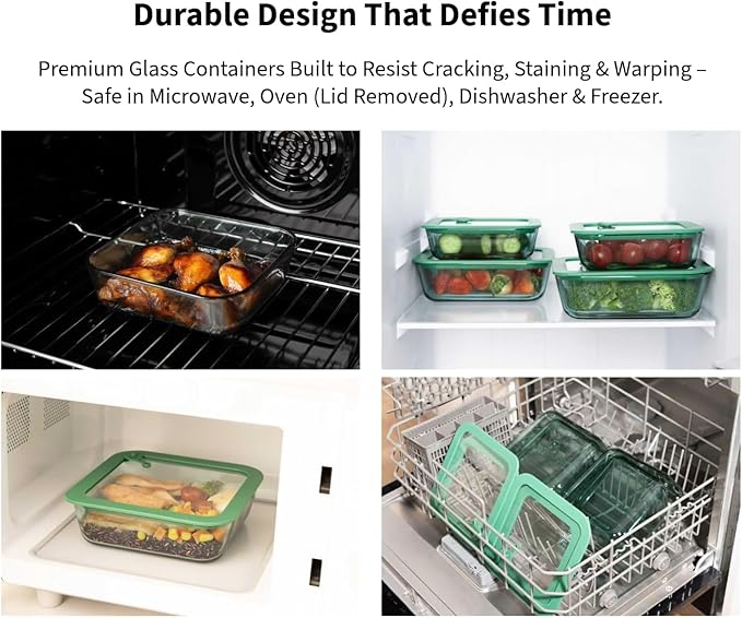 Crispa Teal Glass Food Storage Containers with Silicone Glass Lids, 8-Piece Set Meal Prep - 2x 40oz & 2x 20oz, 100% Plastic-Free Leakproof Airtight, Freezer Oven Microwave Safe