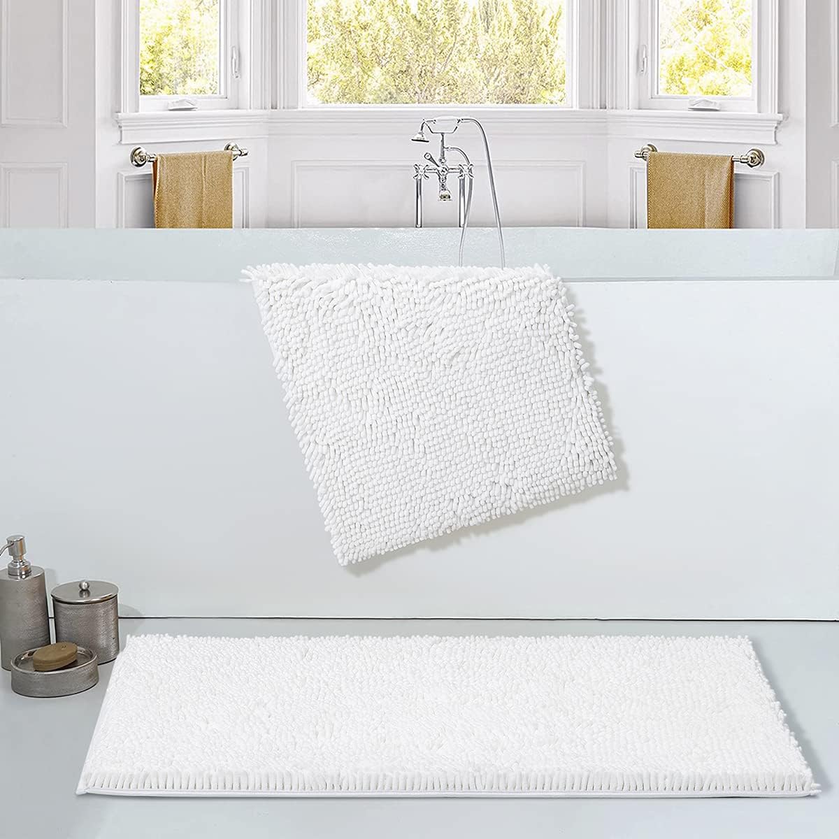 SONORO KATE Bathroom Rug,Non-Slip Bath Mat,Soft Cozy Shaggy Thick Bath Rugs for Bathroom,Plush Rugs for Bathtubs,Water Absorbent Rain Showers and Under The Sink (White, 36" x 24" Plus 32" x 20")