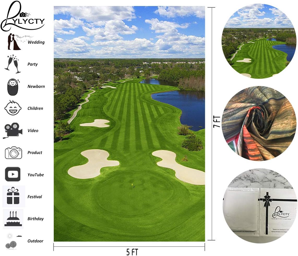 5x7ft Golf Course Backdrop Blue Sky White Clouds and Bunker Green Grass Backgrounds for Photography LYZY0798