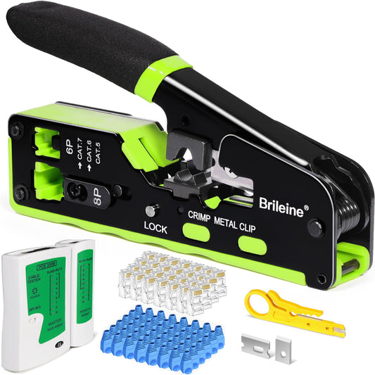 Brileine Ethernet Crimping Tool Kit  RJ45 Crimp Tool Pass Through Kit for Cat6/ Cat 5/ RJ45Connectors with 50PCS RJ45 Pass Through Connectors  50PCS Covers  Mini Wire Stripper (Ethernet Crimper)-New