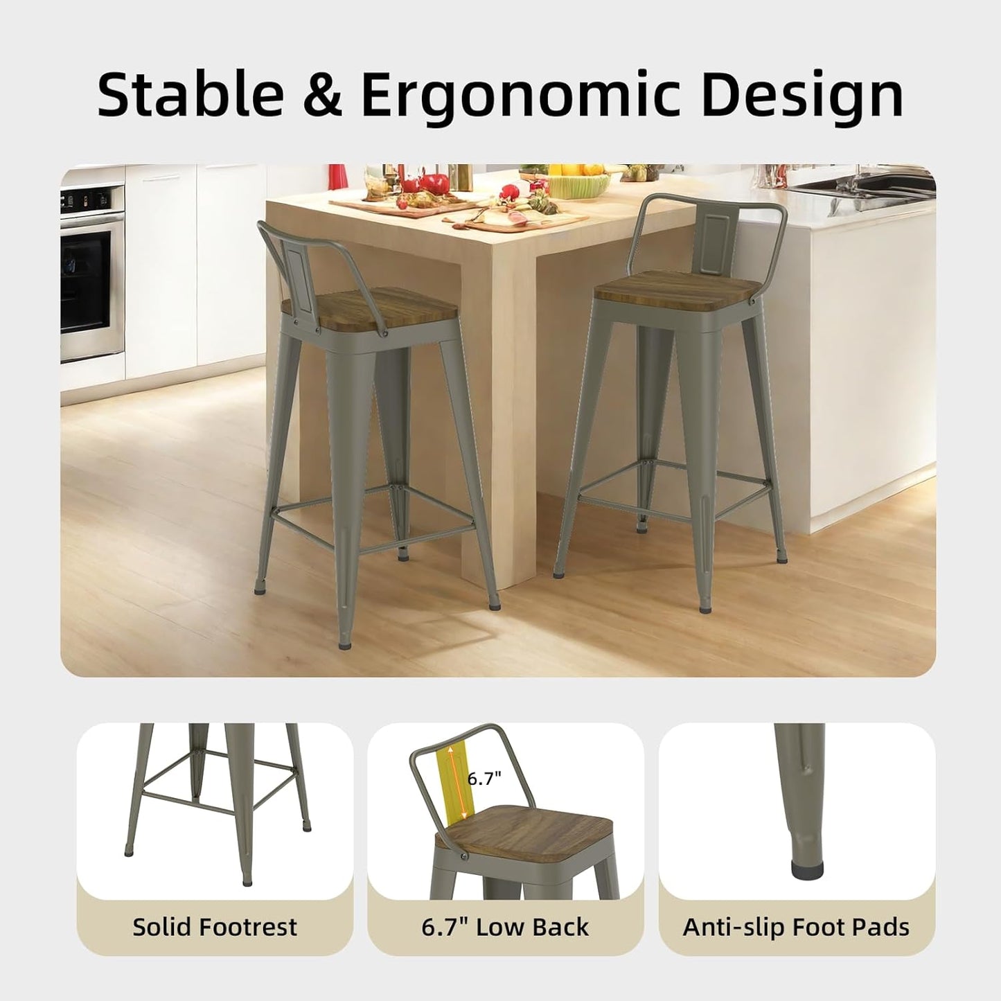 Rusty Bar Stools Set of 4, Metal Bar Stools with Wooden Seat, Modern 26”Counter Height Barstools with Low Back