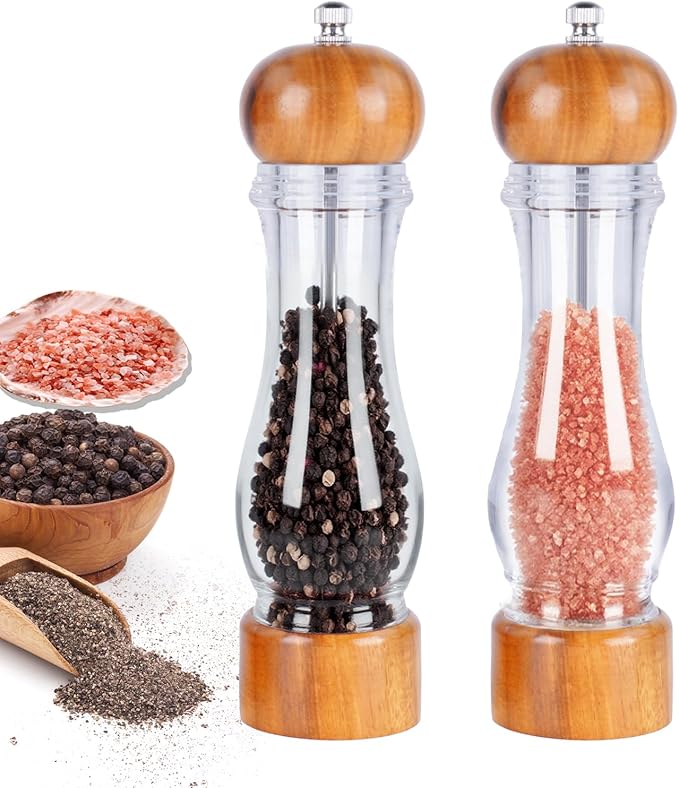 Acacia Wood & Acrylic Pepper Grinder, Wooden Pepper Mill with Adjustable Ceramic Grinder, Salt and Pepper Grinder Set for Kitchen & Dining, Durable Manual Salt Grinder
