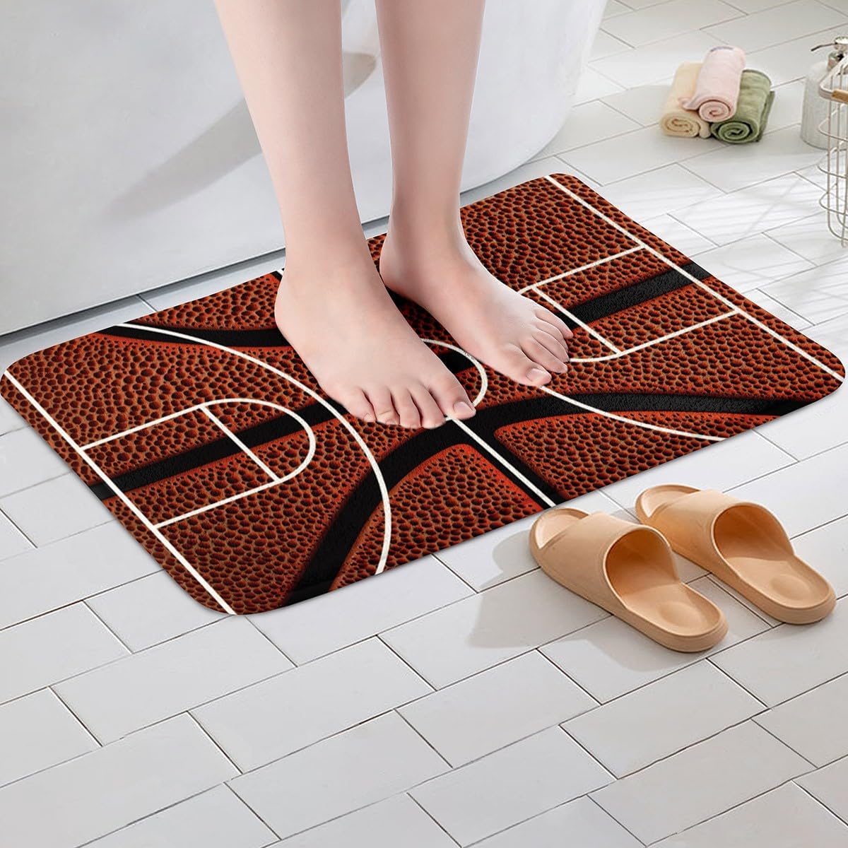 Feelyou Basketball Non Slip Bath Mat Basketball Court Print Soft Fleece Door Carpet for Kids Boys Girls Ball Sports Games Polyester Bath Rug Orange Basketball Bathroom Floor Indoor Doormat,16x24 Inch