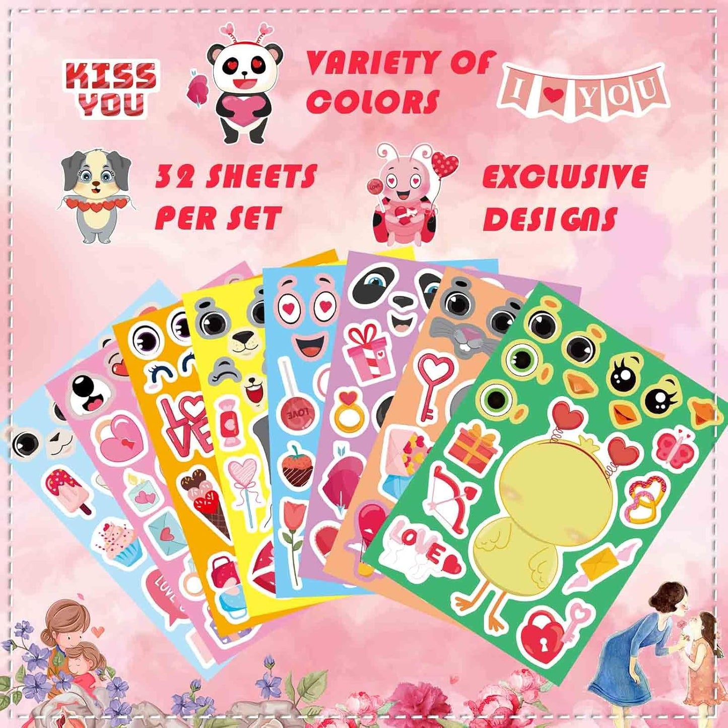 32 Sheets Valentine Stickers for Kids, Valentines Crafts Heart Love Sticker Make a Face Stickers, Make Your Own Animal Stickers Valentines Gifts for Kids Classroom Valentine Goodie Bags Party Favors