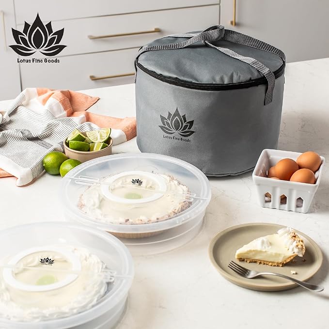 2 Pack Pie Carrier with Lid & Insulated Food Carrying Case Bag - 12" Food Storage Containers for Pies, Cheesecake, Flan, Pizza, Tortilla & More