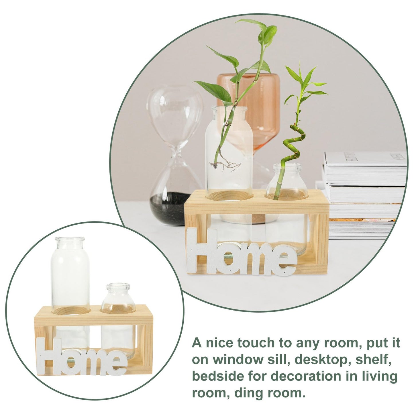 TOYANDONA Hydroponic Glass Flower Vase with Wooden Rack, Nordic Style Desktop Terrarium Planter for Indoor Plant Propagation and Home Decoration, 2pcs Set
