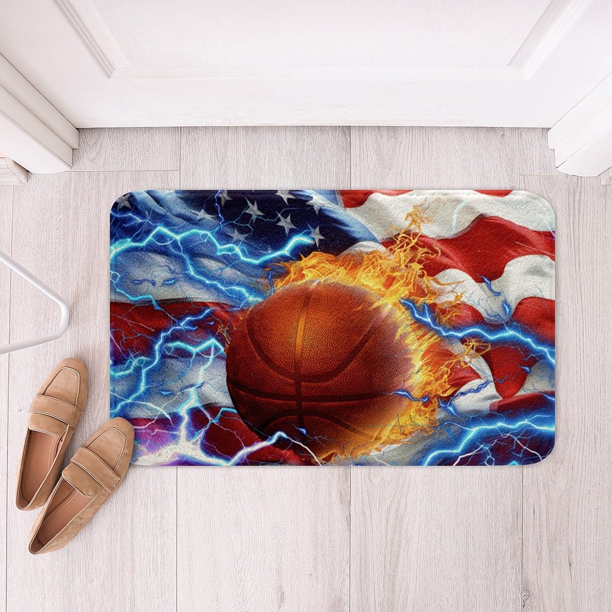 Feelyou 3D Basketball Soft Fleece Door Carpet Retro USA Flag Polyester Bath Rug for Kids Boys Girls Ball Games Sports Non Slip Bath Mat American Flag Bathroom Floor Indoor Doormat,20x32 Inch