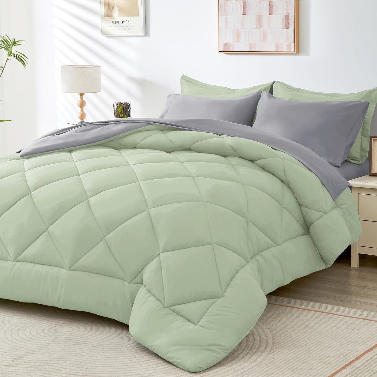 HEVUMYI Twin Comforter Set - 5-Piece All Season Bed in a Bag Twin, Ultra Soft Bedding Set with Comforter, Flat Sheet, Fitted Sheet, Pillowcases, Pillow Shams, Sage Green & Light Grey