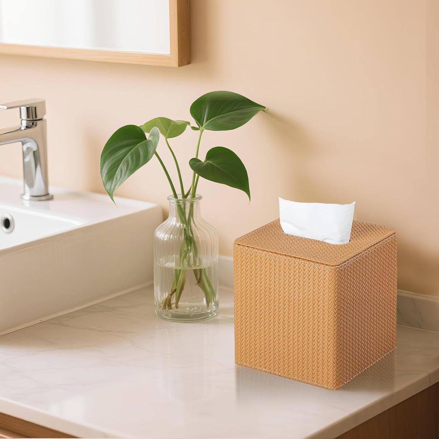 PU Leather Tissue Box Cover with Magnetic Closure, Modern Square Tissue Box Holder Decorative Organizer for Bathroom Vanity Countertop, Night Stands Bedroom Office Desk (Woven Camel)