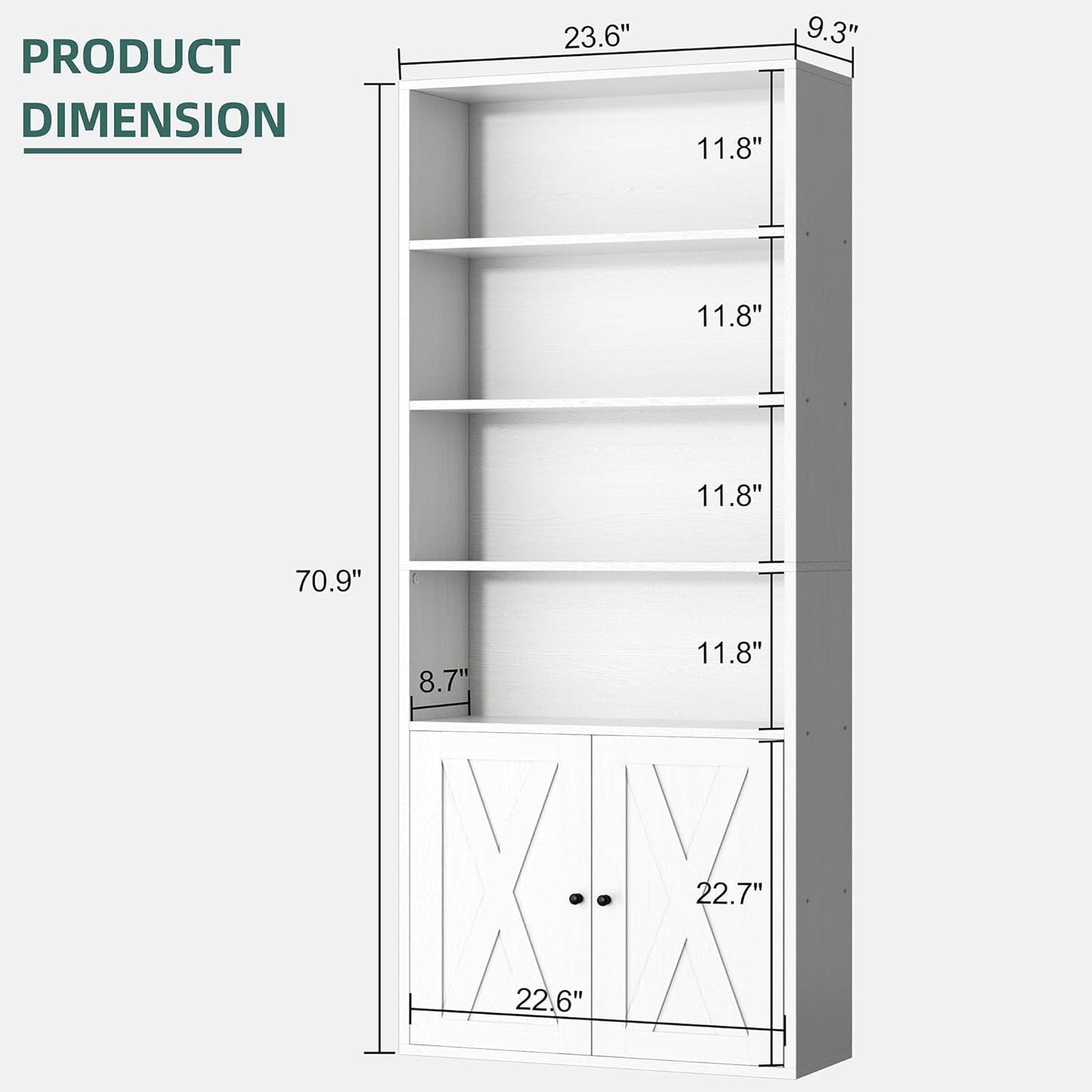 Shintenchi Bookshelf, Industrial Bookshelves and Bookcases with Doors Floor Standing 6 Shelf Display Storage Shelves 70.6 inches Tall Bookcase for Home Office, Living Room (White)