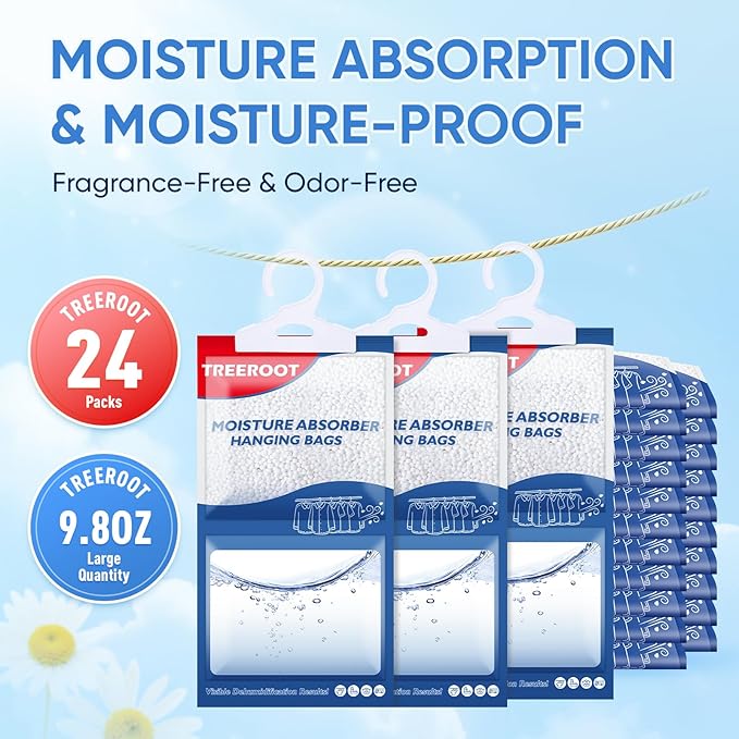 24 Pack Moisture Absorbers for Closet, 9.8OZ Hanging Closet Dehumidifier Bags, Hanging Humidity Absorber in Wardrobes, Kitchens and Bathrooms