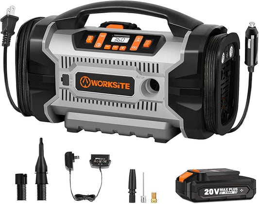 WORKSITE Tire Inflator Air compressor Portable, 160 PSI Car Air Pump with Multi Power Source (110V AC, 12V DC & 20V Battery) for cars, bikes, balls,Gray