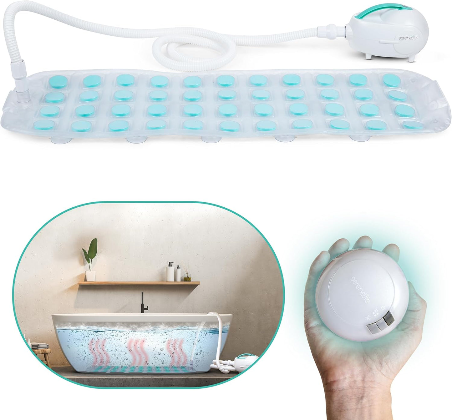 SereneLife Bubble Bath Mat – Portable Spa Mat with Adjustable Intensity, Waterproof LED Light, Pillow and Remote Control for Ultimate Relaxation, 47" x 14.2" (Teal)