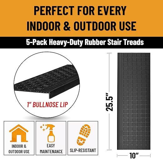 Ottomanson Outdoor Bullnose Stair Treads – Grid Heavy-Duty Non Slip Stair Mats – Strong Grip for Concrete, Brick & Textured Steps – Requires Fastening on Wooden & RV Steps, Pack of 5