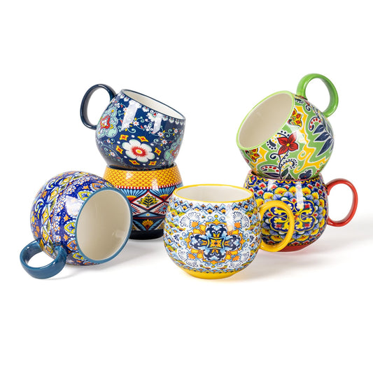 HENXFEN LEAD Boho Ceramic Coffee Mugs Set of 6 – 20 oz Large Porcelain Cups for Latte, Cappuccino, Tea, Cocoa & Soup – Microwave & Dishwasher Safe