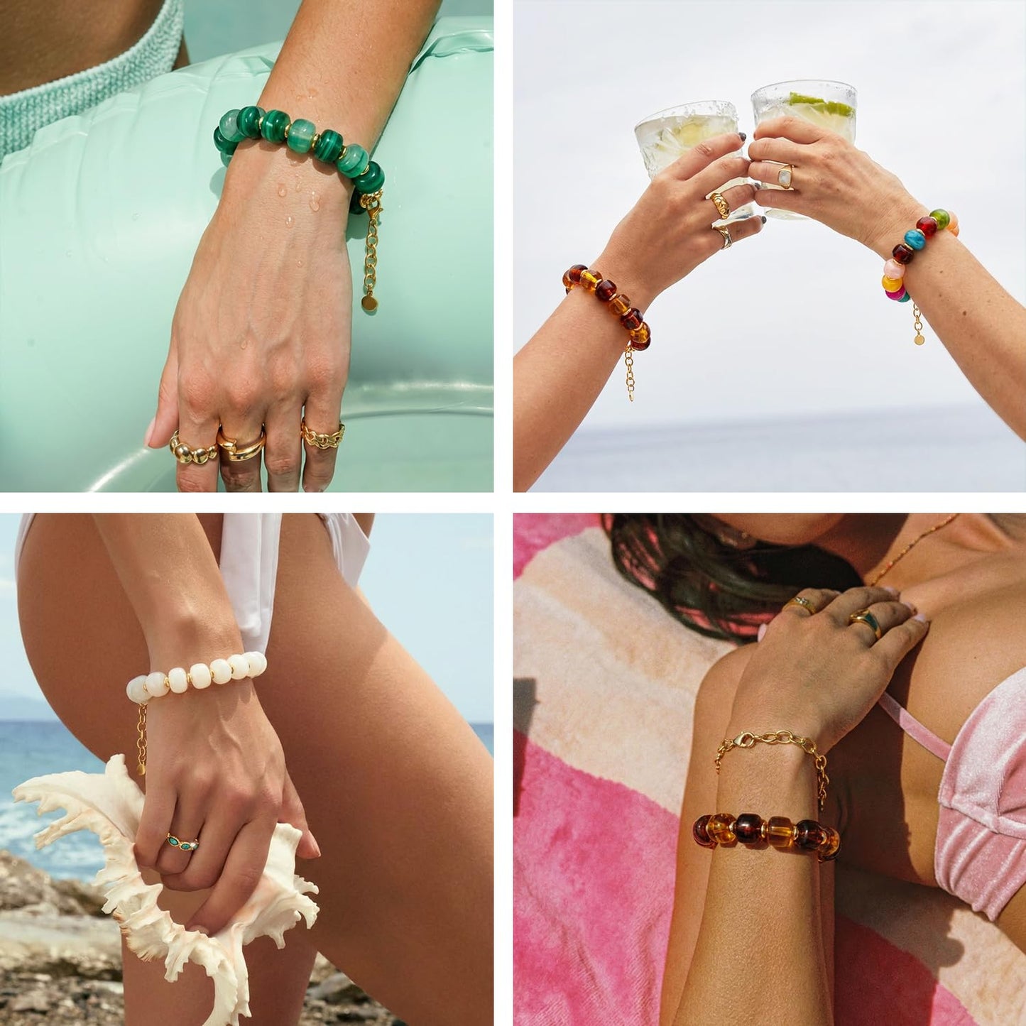 TENTMENTISE Charm Bracelets for Women, Green Beaded Bracelets for Women Trendy, Chunky Gold Plated Bracelets, Womens Boho Summer Beach Jewelry Gifts for Vacation Holiday