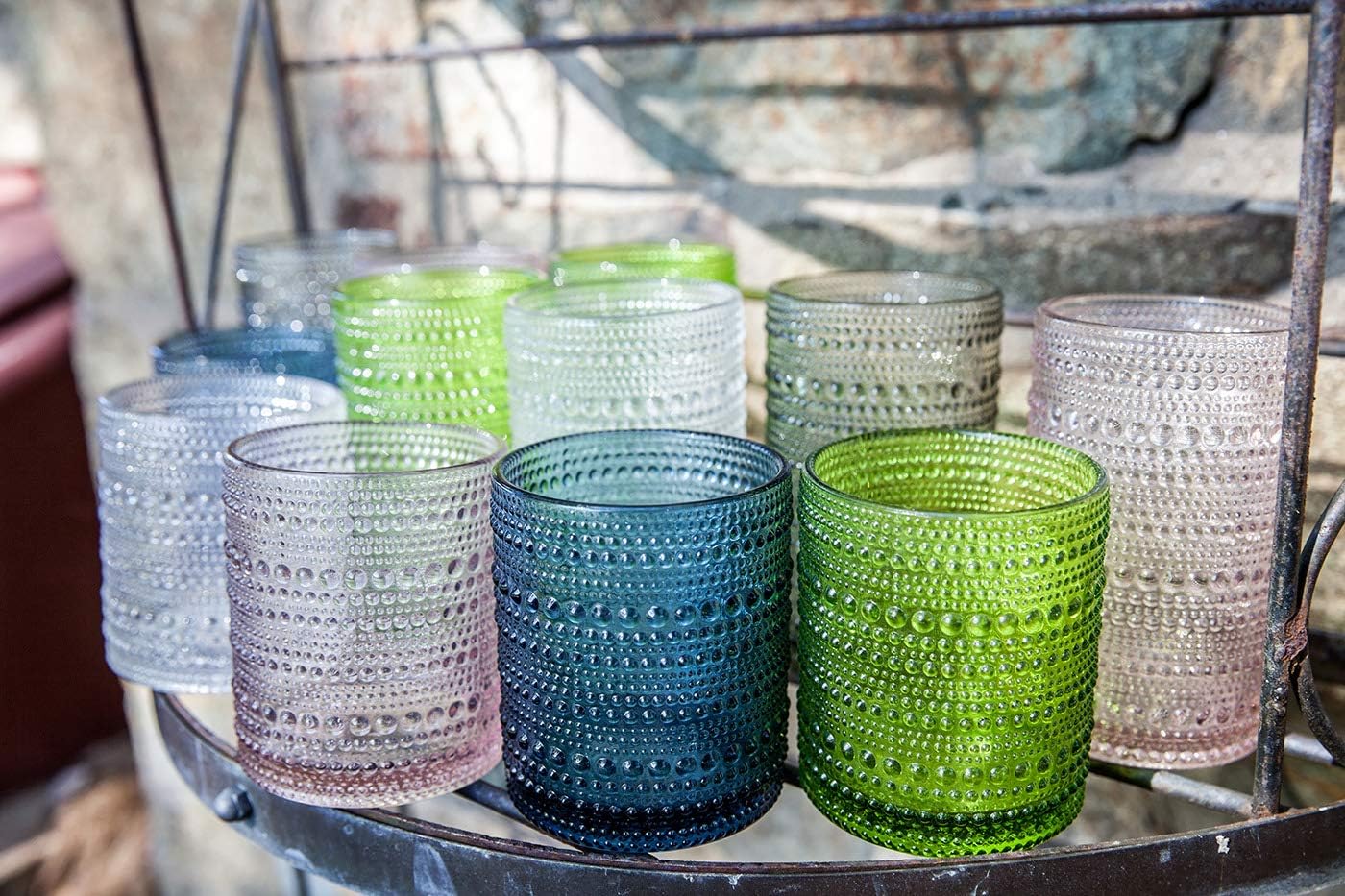 Fortessa Jupiter Beaded Hobnail Glass, 10 Ounce Double Old Fashioned (Set of 6), Sage Green