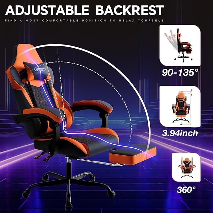 Gaming Chair with Footrest, High Back Gaming Chairs PVC Leather Ergonomic Gamer Chair with Adjustable Headrest Lumbar Support Racing Style Video Gaming Chair for Office/Home (Black Orange)