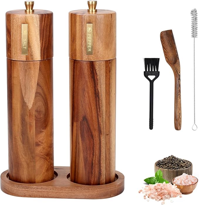 Wooden Salt and Pepper Grinder Set, 8 inch Manual Salt and Pepper Mill with Brush and Spoon, Adjustable Coarseness, Refillable Pepper Grinder for Kitchen, Brown