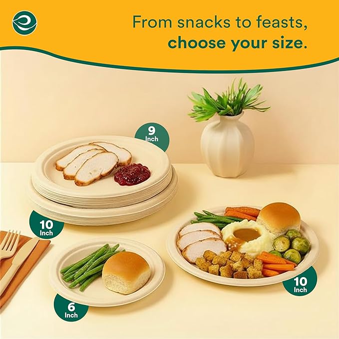 ECO SOUL 100% Compostable Paper Plates 10 Inch [500-Pack] Biodegradable Heavy Duty Eco-Friendly Disposable Plates for Christmas Dinner, Parties, Wedding & Event
