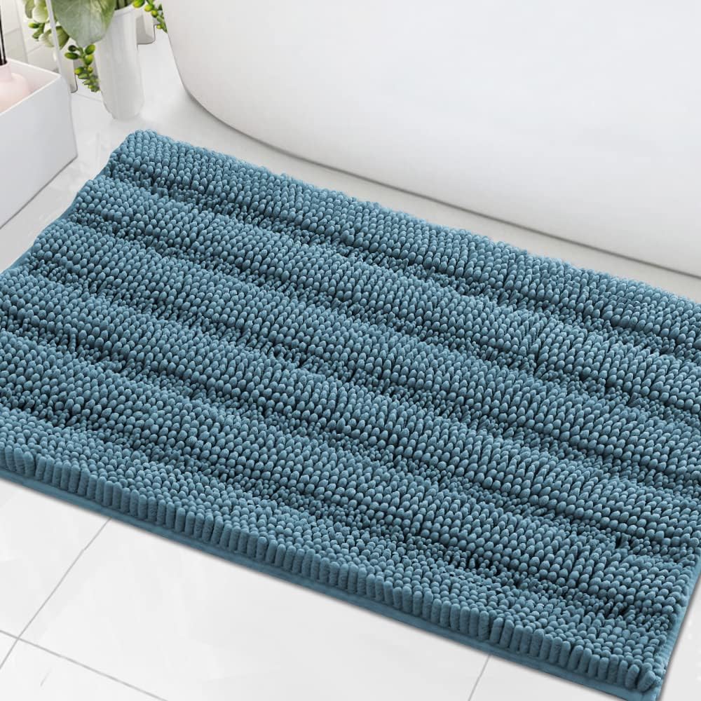 H.VERSAILTEX Bath Mats for Bathroom Non Slip Extra Thick Chenille Striped Bath Rug 24" x 36" Absorbent Non Skid Fluffy Soft Shaggy Rugs Washable Plush Mats for Indoor, Bath Room, Tub - Turquoise Blue