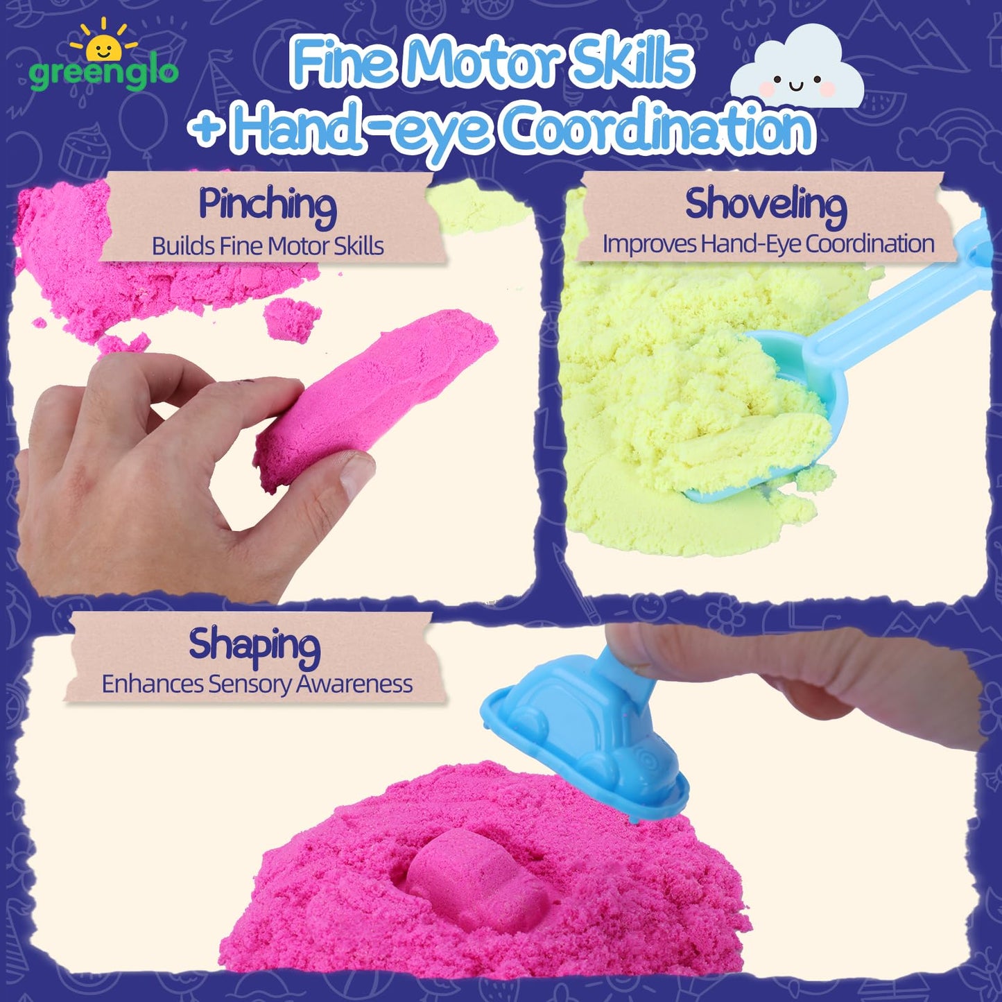 greenglo Kids Sensory Magic Sand Playset - 1.10 Lbs Color Sand Kit, 16 Pcs Molds (Cake/Dessert, car, sea Animal) & Tools, Ideal Sensory Bin for Boys & Girls Ages 3-8