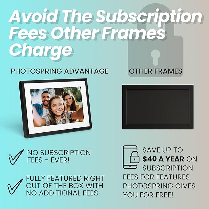 PhotoSpring No Subscription, 10in WiFi Digital Picture Frame, Email App Web, USA Company, 32gb Touch Screen, Play Videos up to 5min