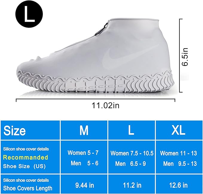 Waterproof Shoe Covers, Silicone Reusable Shoe Cover Non-slip Durable Zipper Elastic Rain Cover Protection for Men Women (L (Women 7.5-10.5, Men 6.5-9), Grey)