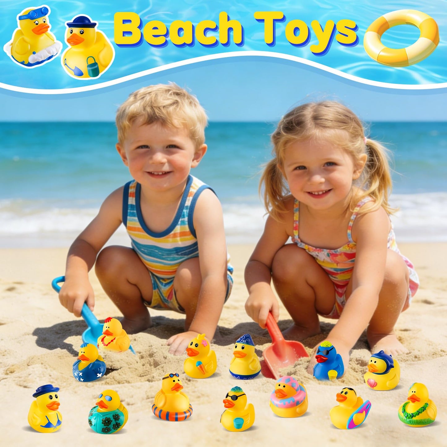 24 Pcs Summer Rubber Ducks with a Bag, Ducks for Jeeps, Assorted Beach Toys for Duckies Games, Summer Prizes Holiday Party Favors, Bath Cruise Toys, Water Pool Toys for Baby Toddler Kids