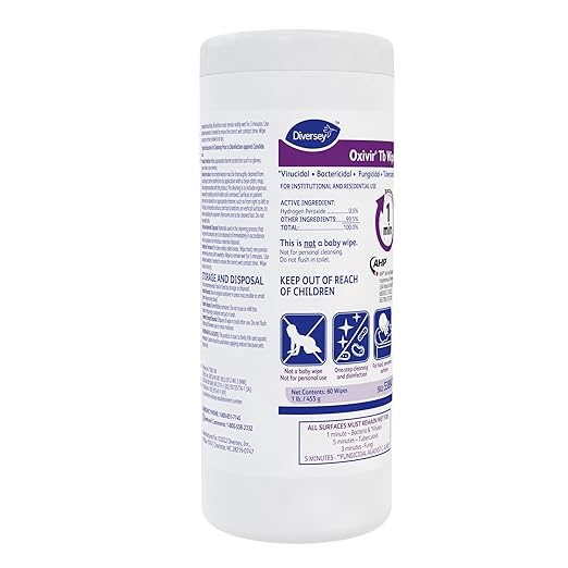 Oxivir Diversey Tb 5388471 Ready-to-Use Disinfectant Cleaning Wipes, Accelerated Hydrogen Peroxide, Large 7x8-Inch Sheets, 60-Wipes, 1-Slim Canister