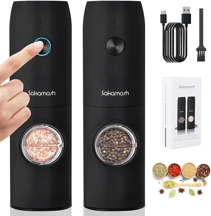 Electric Salt Pepper Grinder Set Rechargeable, Automatic Pepper Mill Shakers with LED Light, Adjustable Coarseness, Dust cover, One-Hand Operation for Kitchen, Black