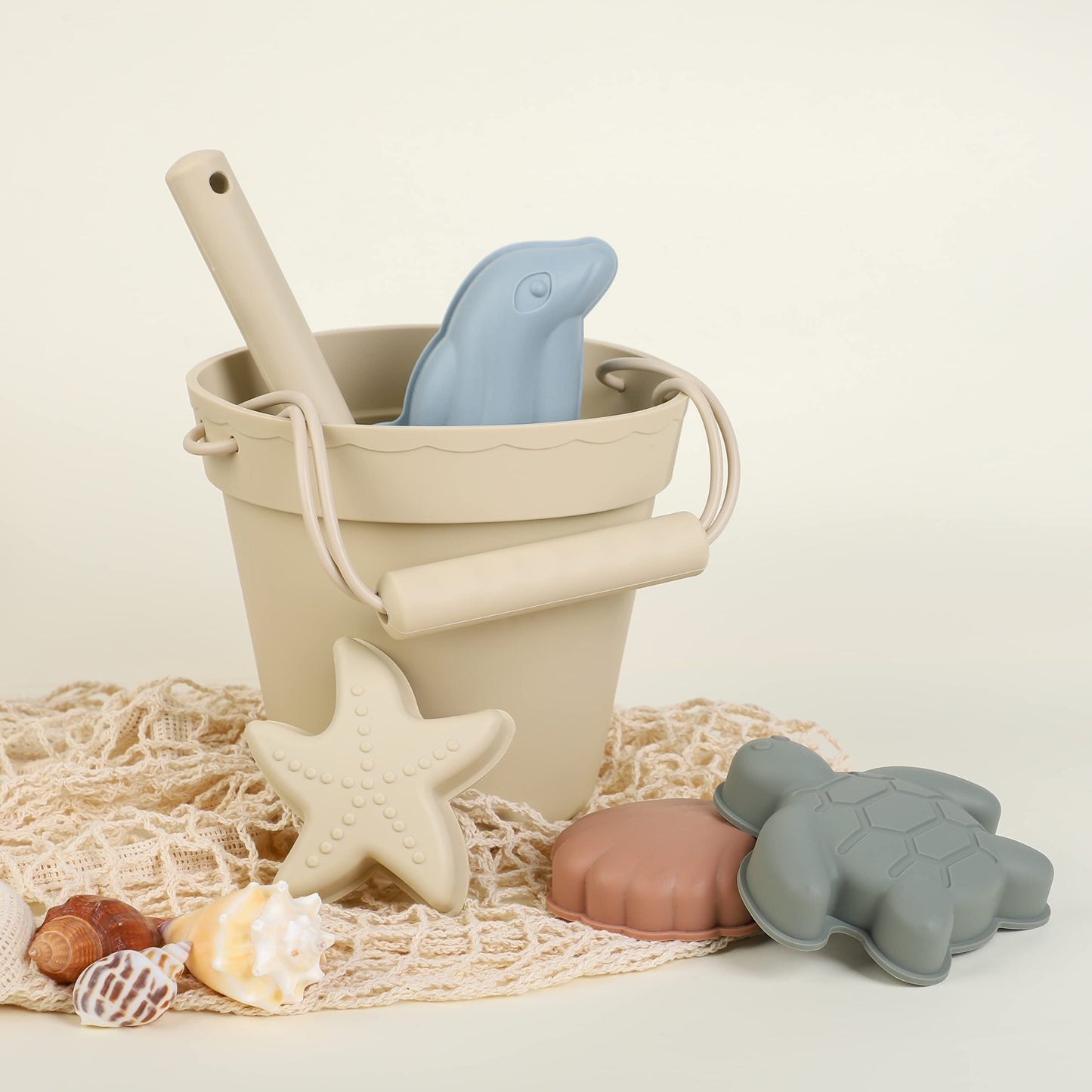 BLUE GINKGO Silicone Beach Toys - Modern Baby Beach Toys | Travel Friendly Beach Set | Silicone Bucket, Shovel, 4 Sand Molds, Beach Bag | Silicone Sand Toys for Toddlers, Kids - Beige