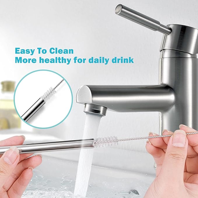 6pc Stainless Steel Straws Reusable for Stanley Tumbler 40 oz, 12 Inch Metal Straight Replacement Straw with Silicone Tips, Straw Covers and Cleaning Brushes
