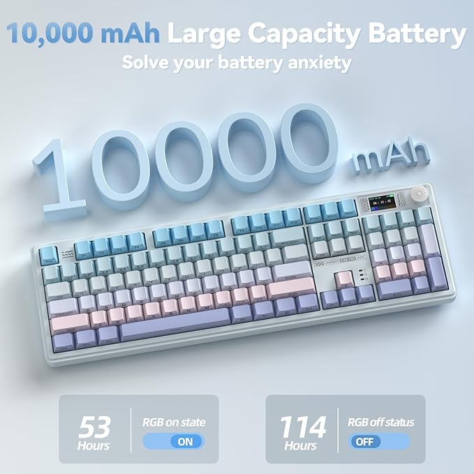 LINGBAO K108 Pro Wireless Mechanical Keyboard with Screen & Knob, Full Size Creamy Keyboard with Number Pad, 10000mAh Battery, PBT Keycaps, RGB Backlit, Hot-swappable Gaming Keyboards