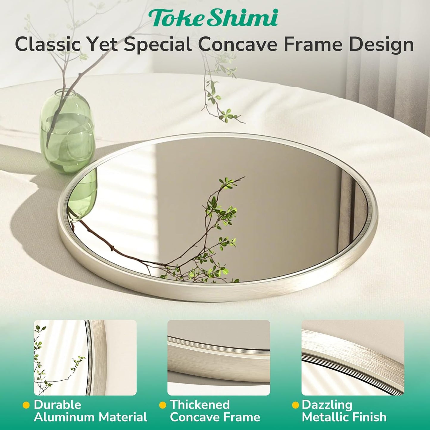TokeShimi 36 in Round Brushed Nickel Mirror Tempered, Round Mirror Framed Shatterproof, 36x36 Circle Wall Mirror Farmhouse Metal Mirrored for Restroom, Entryway, Bedroom, Vanity, Living Room