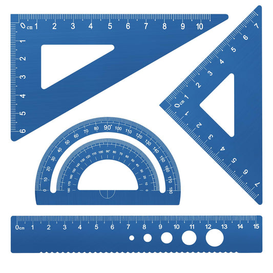 Honagu Triangular Ruler Set, 4 Pieces Aluminum Alloy Ruler, Metal Drafting Ruler, Geometric Protractor for Students, Draftsmen, Engineers, School Office Supplies (Blue)
