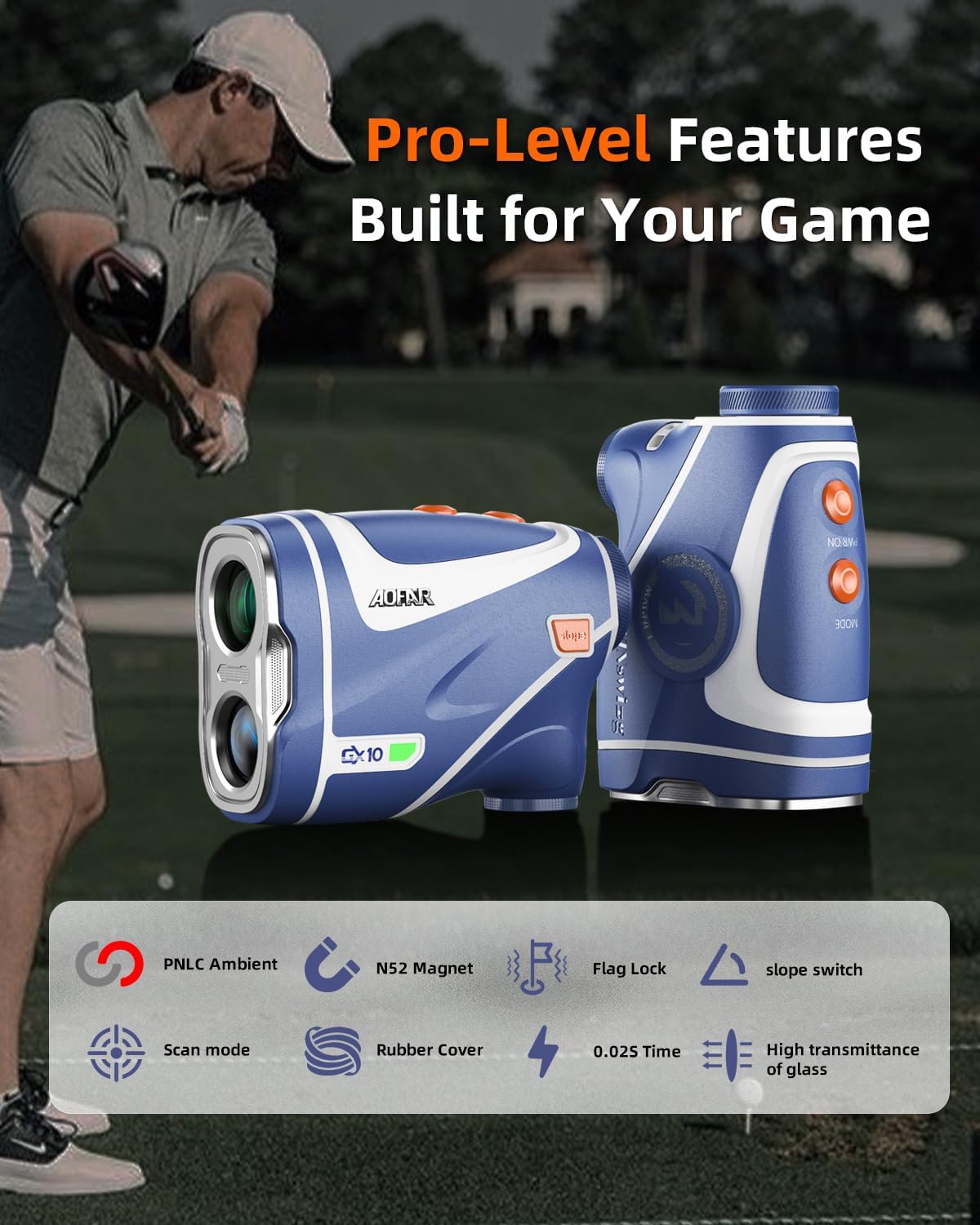 AOFAR GX10 Golf Rangefinder with Exclusive Auto RED Display Adjustment, Max N52 Magnet for Absorbing Anywhere, Independent Slope Switch Button with Indicator Light, Full Accessories, IPX4 Waterproof