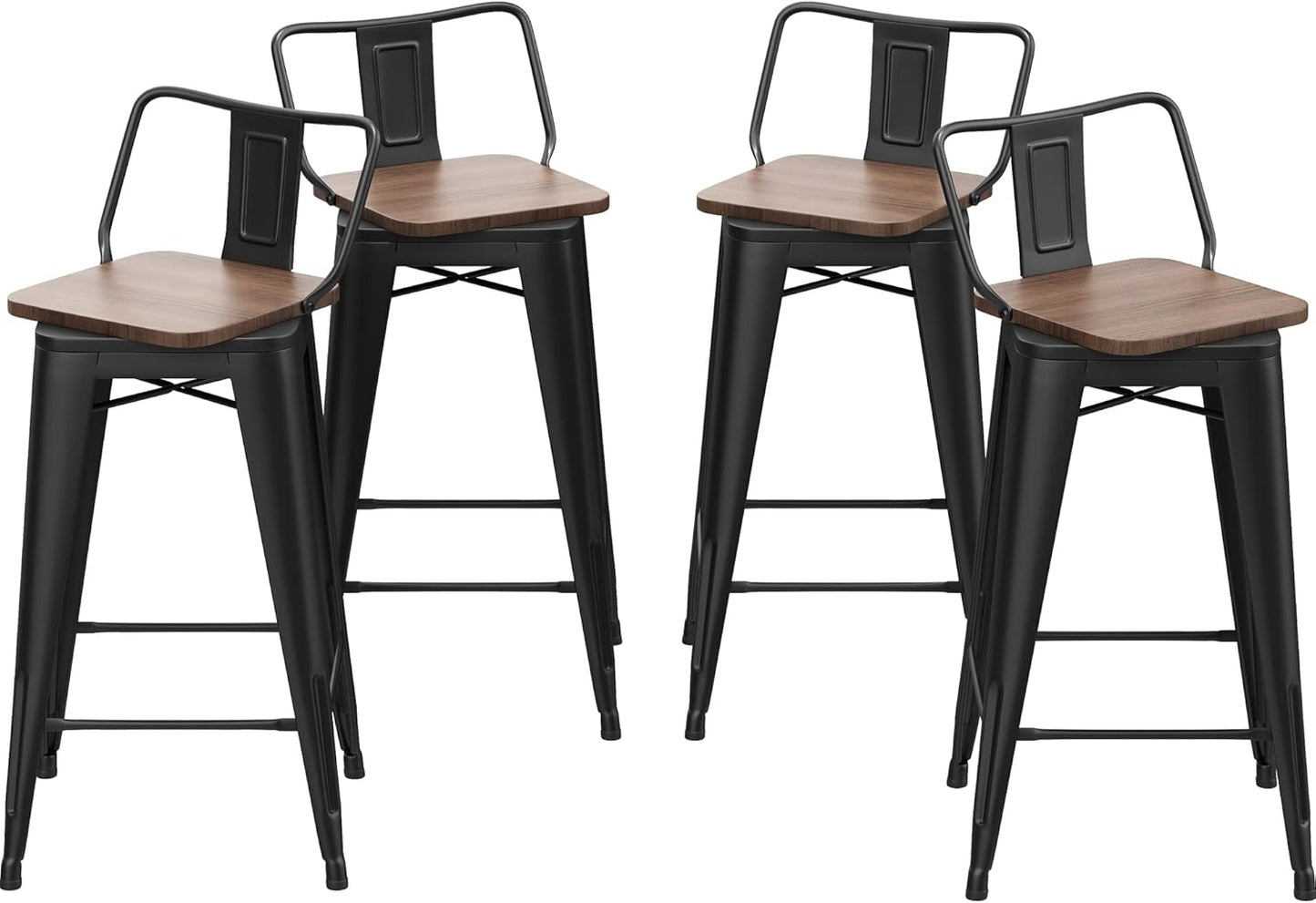 30 Inch Swivel Bar Stools Set of 4 with Backs Counter Height Industrial Metal Barstools Island Bar Chairs for Home Kitchen Dining Room (Swivel 30 inch,Matte Black Wooden)