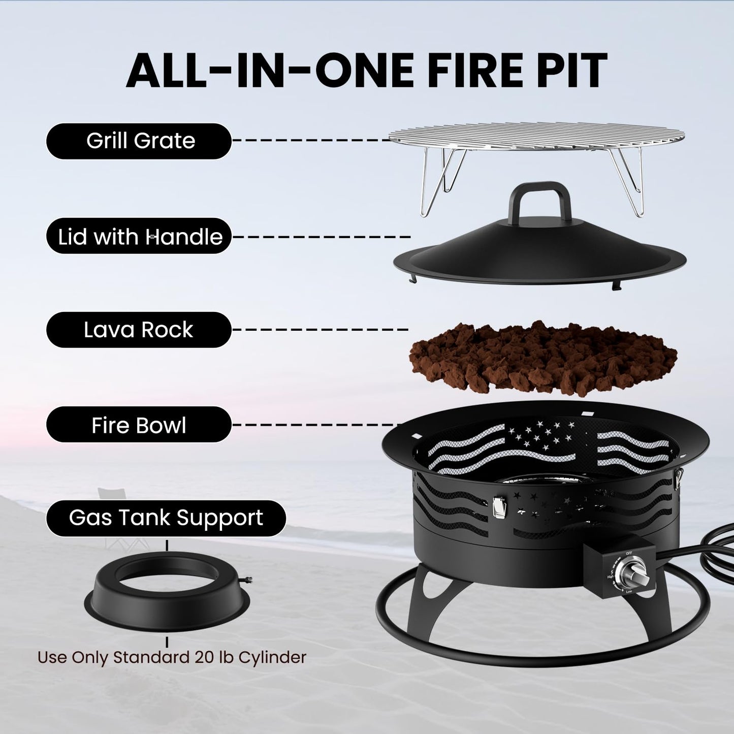 24 Inch Propane Fire Pit, Portable Gas Fire Pit Bowl for Outside, 60,000 BTU Smokeless Outdoor Firepit with Lid & Grill Grate for Patio, Yard, Gardenn, Camping