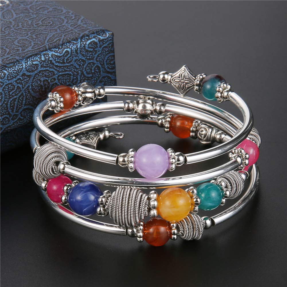 PEARL&CLUB Beaded Chakra Bangle Turquoise Bracelet - Fashion Jewelry Wrap Bracelet with Thick Silver Metal and Mala Beads, Birthday Gifts For Women(Colorful)
