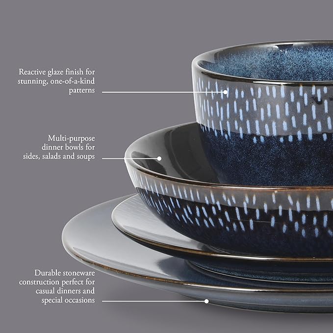 Gibson Elite Matisse 16-Piece Dinnerware Set – Double Bowl Reactive Glaze Cereamic Stoneware in Blue – Plates and Bowls Sets for 4, Microwave & Dishwasher Safe, Rustic Modern Design