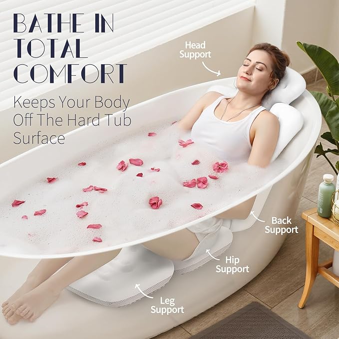 Full Body Bath Pillow for Bathtub, Thick Bathtub Cushion with Laundry Bag, Luxury Tub Pillow for Bath for Headrest Neck and Back Support White 56" x 16"
