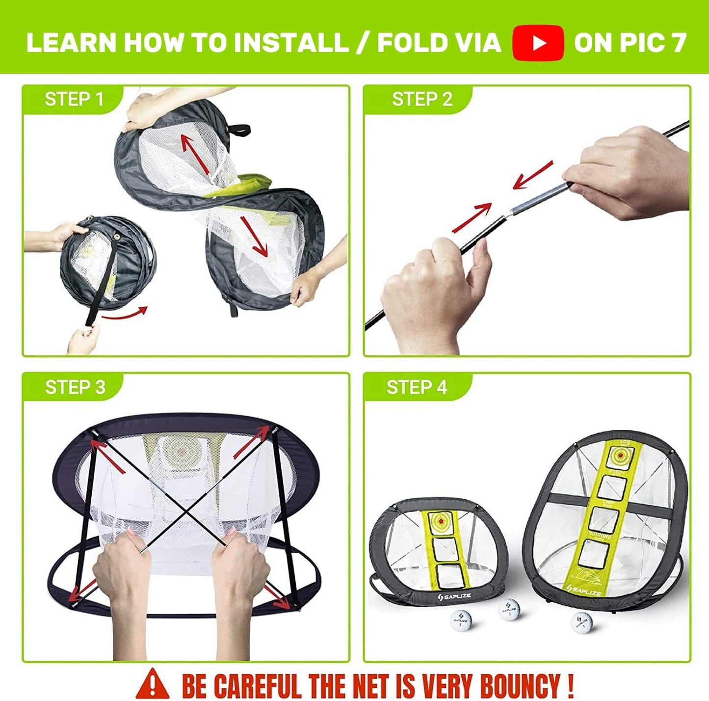 SAPLIZE Ultra-Stable Golf Chipping Net Set with Pop-Up Target, Tri-Turf Mat, Foam Practice Balls, Tees and Scoring Board for Indoor and Outdoor Chipping Accuracy and Swing Training