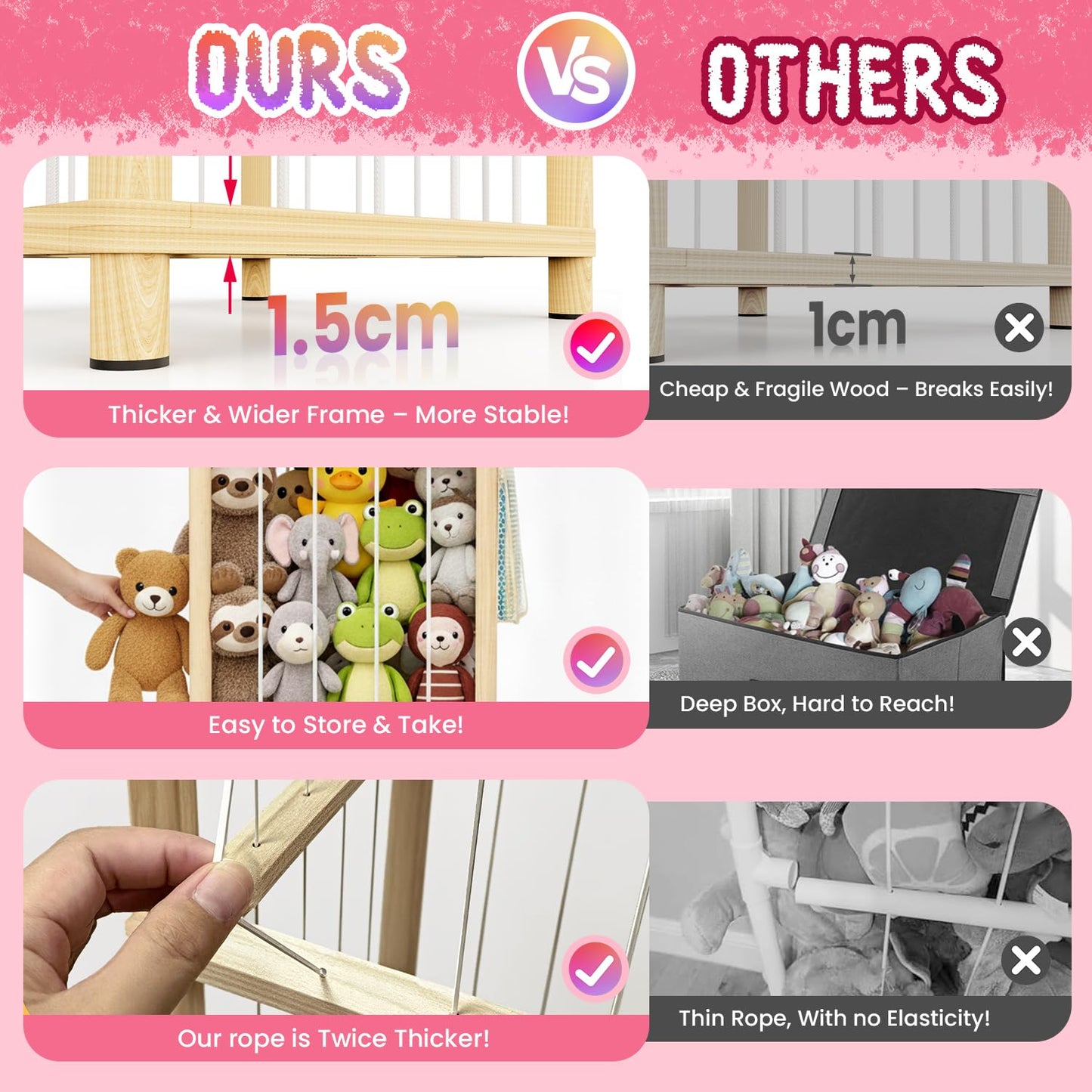 ZEQON Stuffed Animal Storage - Large Wooden Toy Storage Organizer with 1 Removable Hanging Storage Net, Plush Toy Organizer for Kids' Rooms, Bedroom, Playroom or Nurseries
