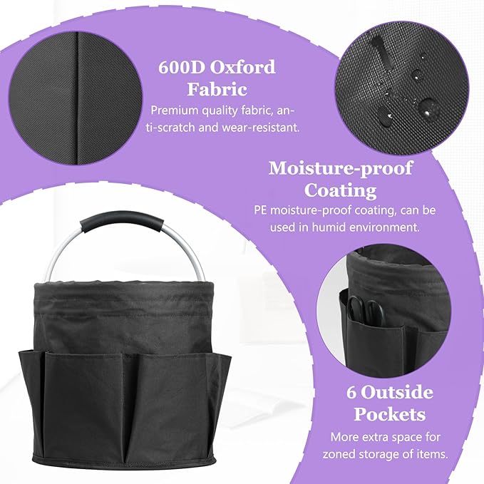 17L Cleaning Caddy with Handle and 6 Pockets, Foldable Cleaning Supply Caddy, Portable Shower Caddy in 600D Oxford Fabric, Multifunctional Storage Basket for Camping, Gardening, Black