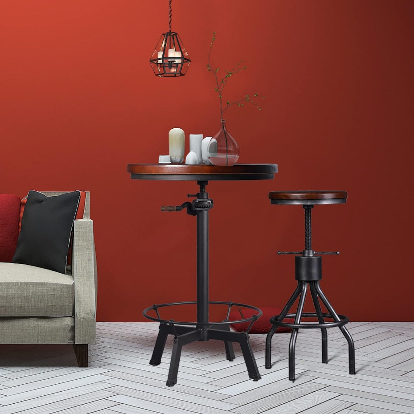 LOKKHAN Industrial Bar Table-33.5-39.4 Inch Tall-Adjustable Bar Height Pub Table-23.7 Inch Swivel Round Wood Top Metal Base-Easily Adjusts by Crank Handle