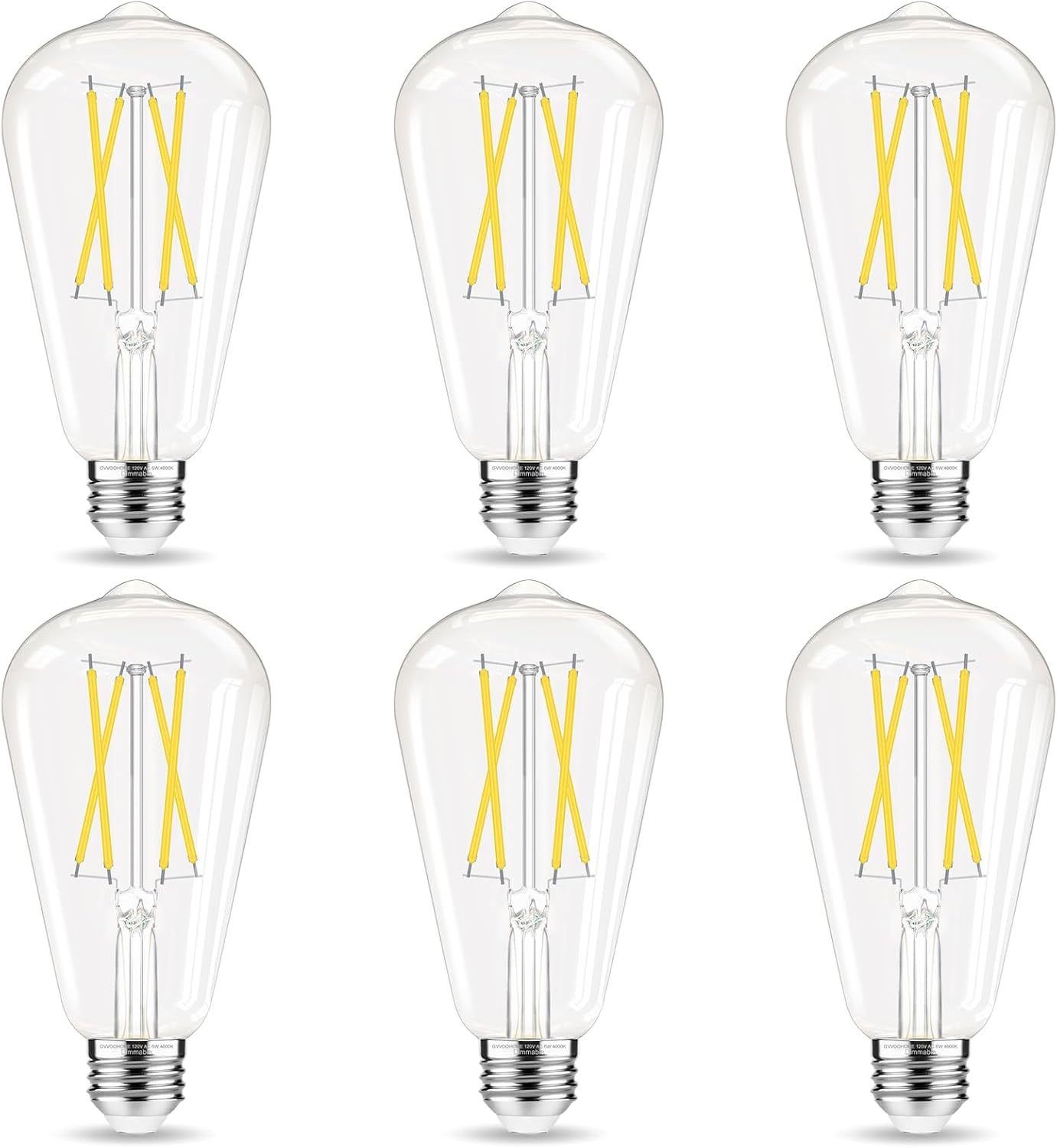 Dimmable LED Edison Bulb, E26 LED Bulb 60 watt Equivalent, Cool White 4000K, ST58 Vintage Light Bulbs, 90+ CRI, 6W 600LM, E26 Base, Clear Glass, 6 Pack