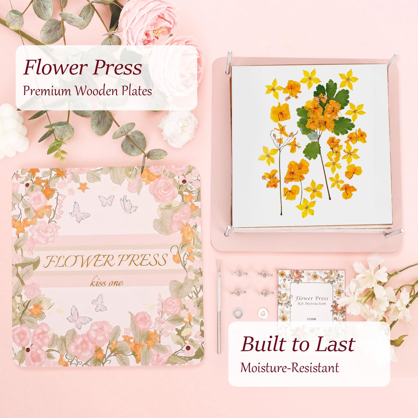Flower Press Kit – 11"x11" Large Wooden Plant Press for DIY Pressed Flowers & Bouquet Preservation | Scrapbooking & DIY Crafts | Craft Kit for Adults & Teens | Ideal Gift for Nature & Art Lovers