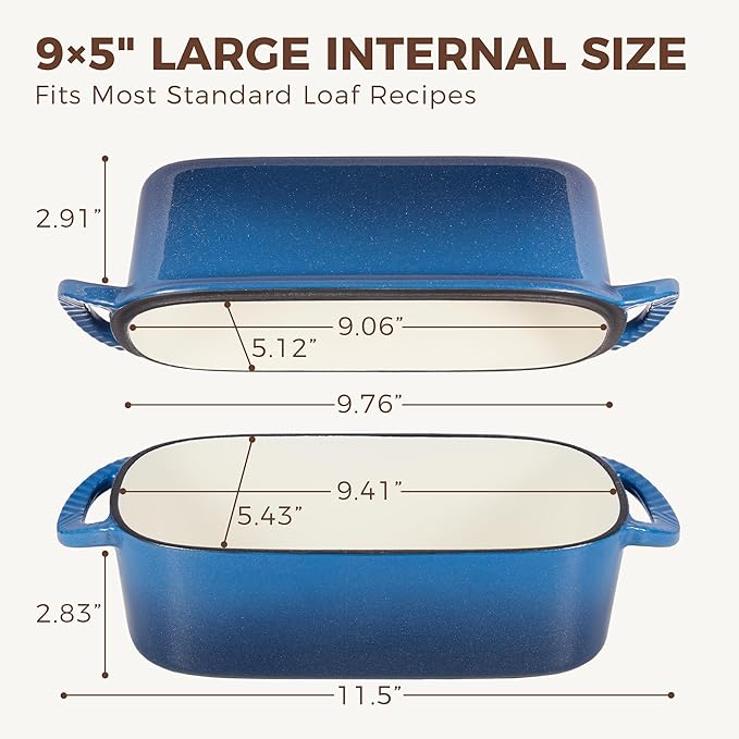 HONGBAKE Everline Collection 2 in 1 Enameled Cast Iron Loaf Pan with Lid, 9x5 Bread Pans for Baking Homemade Sourdough, Nonstick Large Banana Baking Tins, Even Heating Bread Dutch Oven, Blue