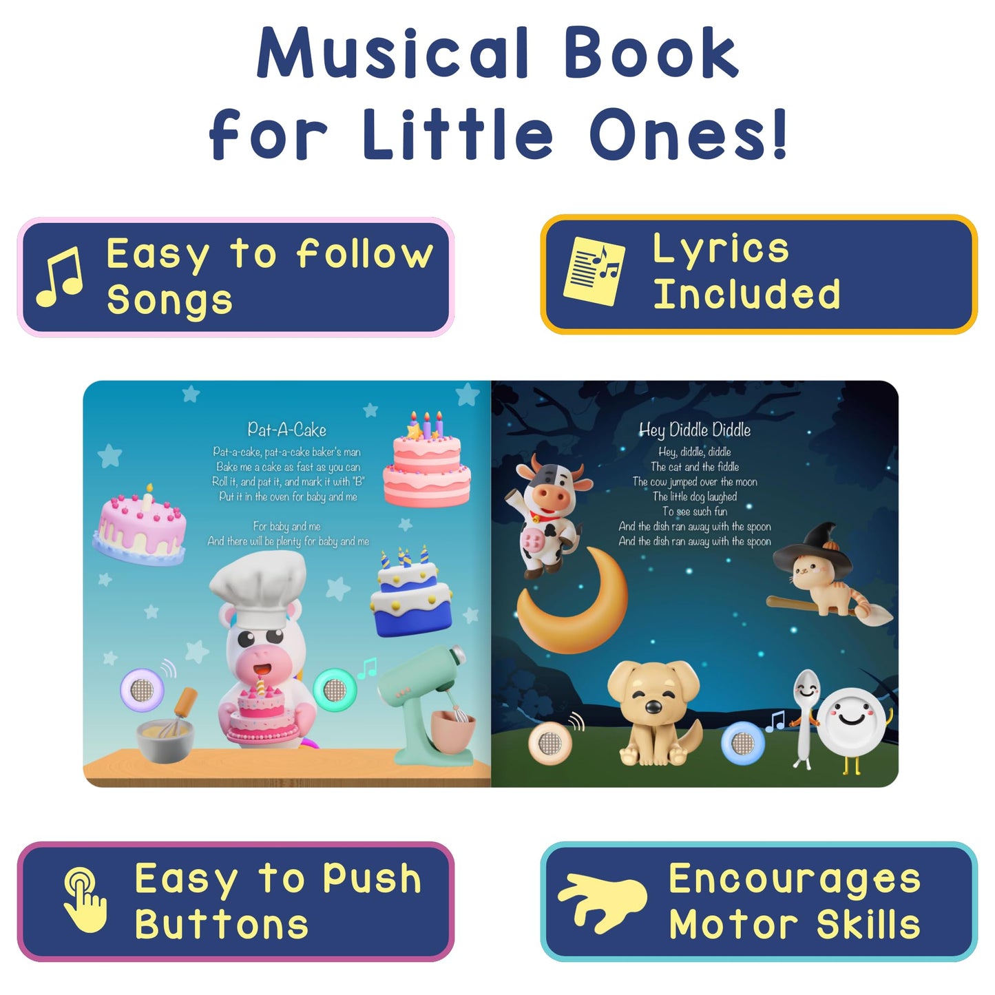 LEARNING BUGS Bedtime Songs – 13 Timeless Lullabies for Little Ones, Musical Books for Toddlers, 28-Button Music Book, Musical Toys for Toddlers 1-3